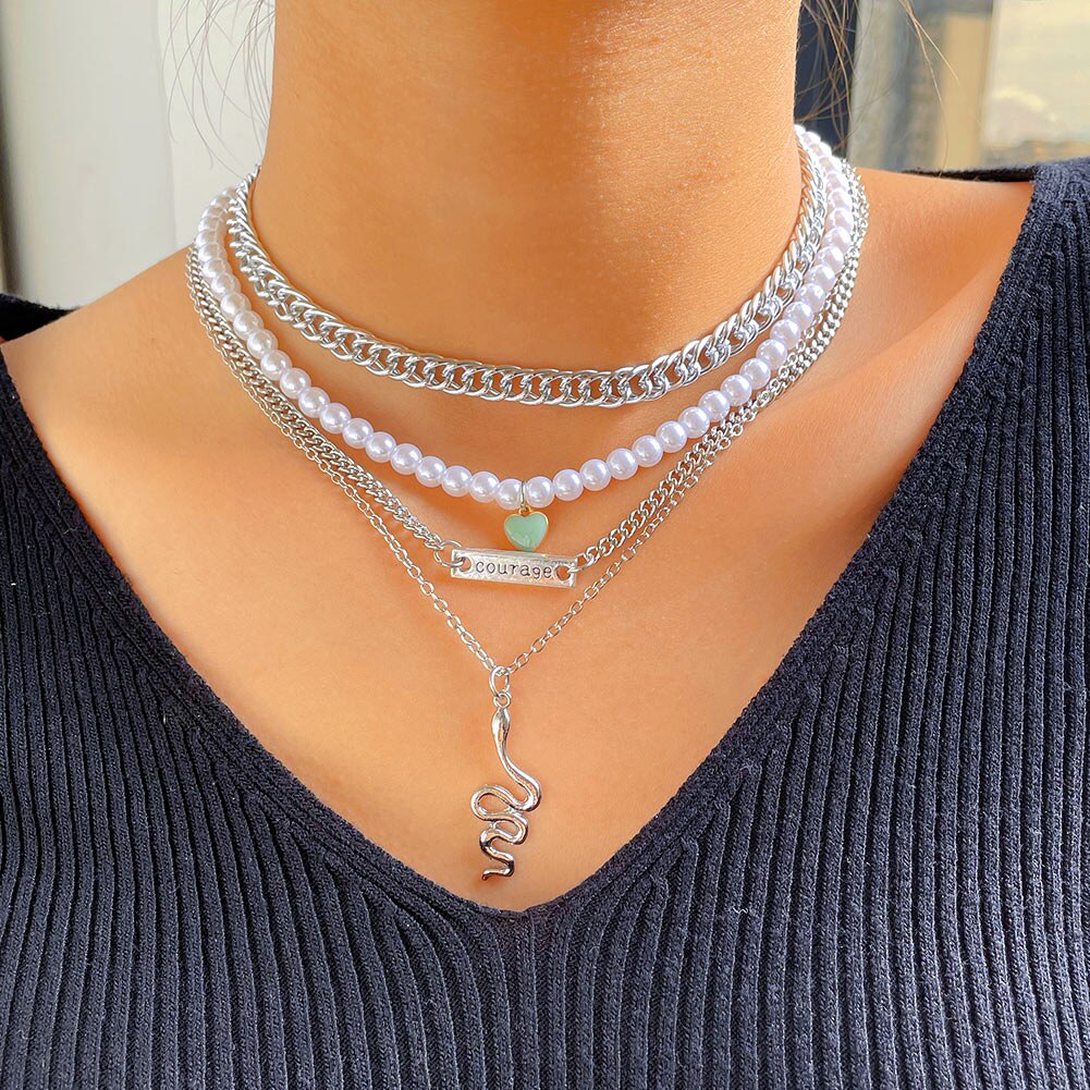 Punk Crystal Snake Multilayer Pearl Choker Necklace For Women Shiny Heart Angel Pendant Cuban Metal Chain Necklace Trend Jewelry