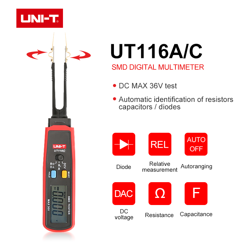UNI-T SMD Multimeter Tester Resistor/Capacitor/Diode (RCD) Parameter Meter Digital Multimeter Smart Testing Clips UT116A/UT116C