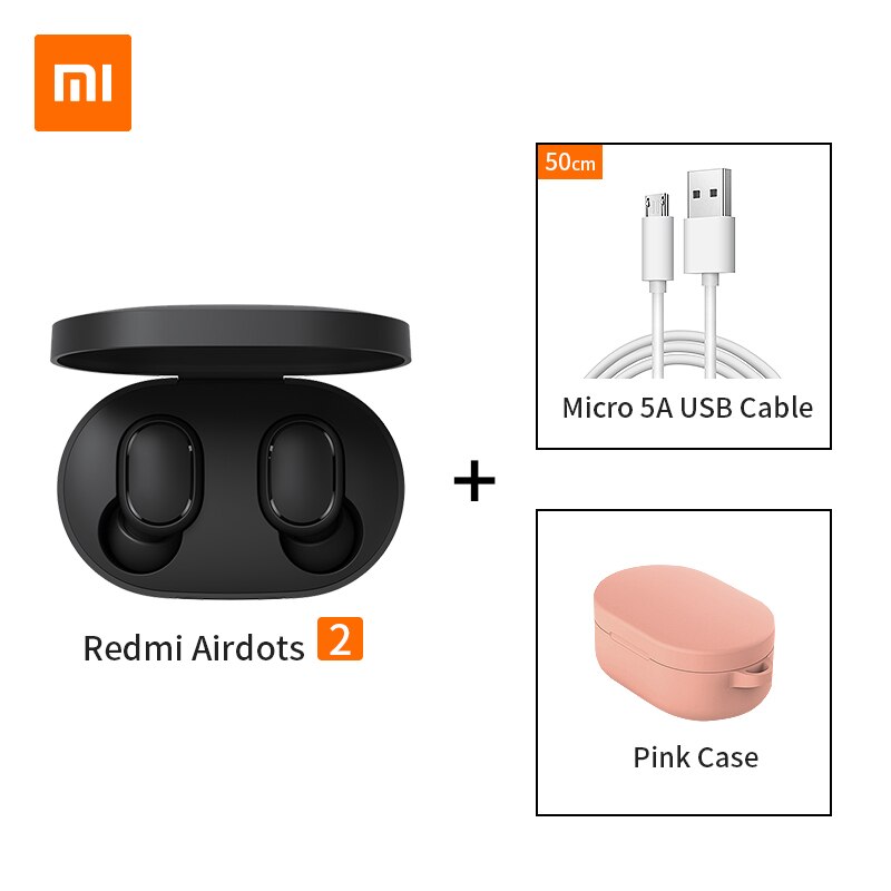 Xiaomi Redmi Airdots 2 Earbuds AI Control Stereo Bass with Mic Handsfree TWS Wireless Bluetooth 5.0 Earphone: Cable and Pink Case