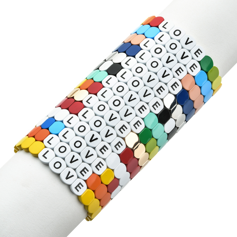Mode Kleurrijke Regenboog Emaille Tegel Armband Vrouwen Meisjes Brief Liefde Armbanden Elasticiteit Manchet Bangles Partij Sieraden