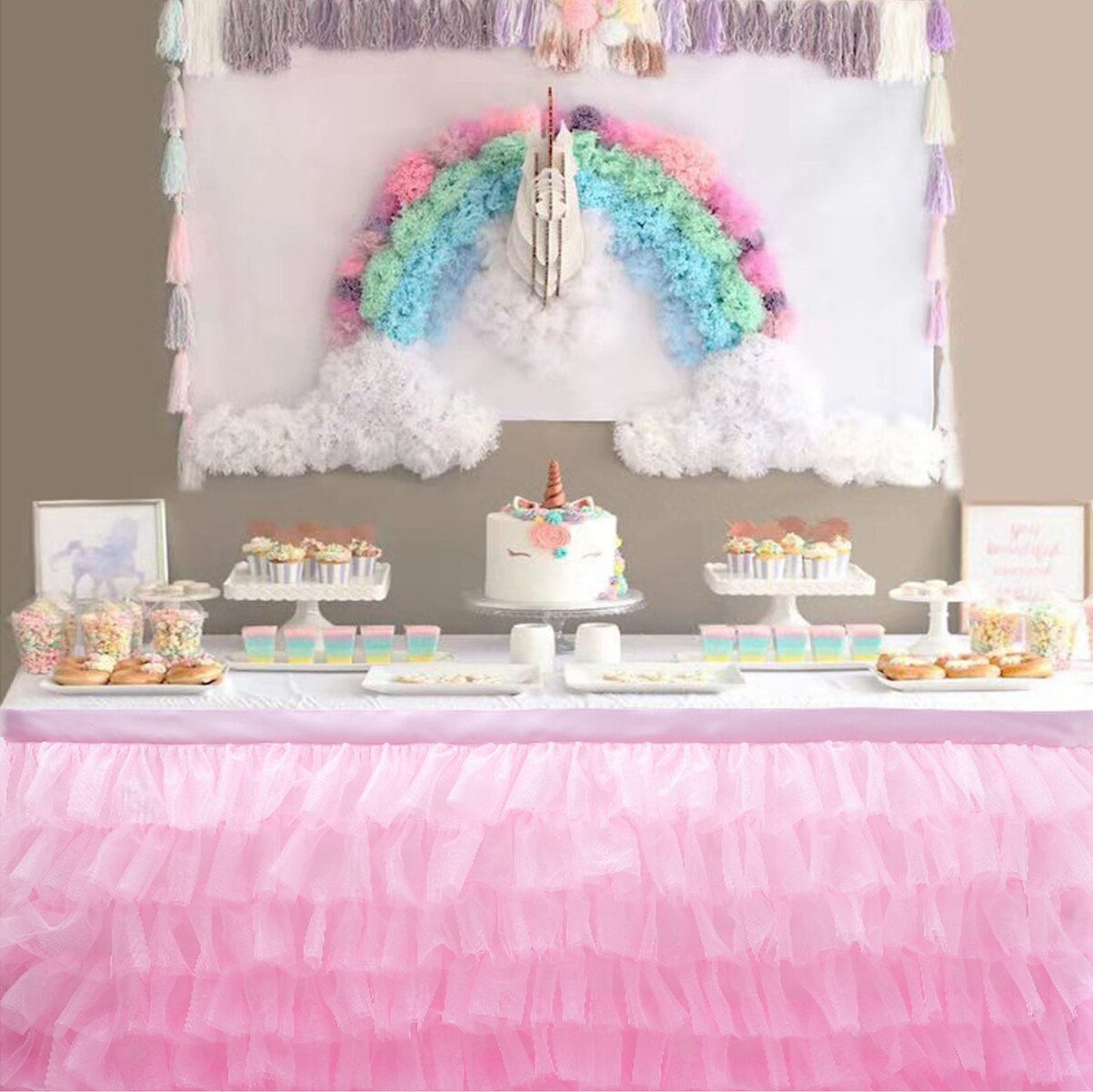 Bord nederdel tyl bord nederdel til bryllup dekoration baby shower fødselsdag fest fest bryllup bord fodpaneler 180 x 77cm: Lyserød
