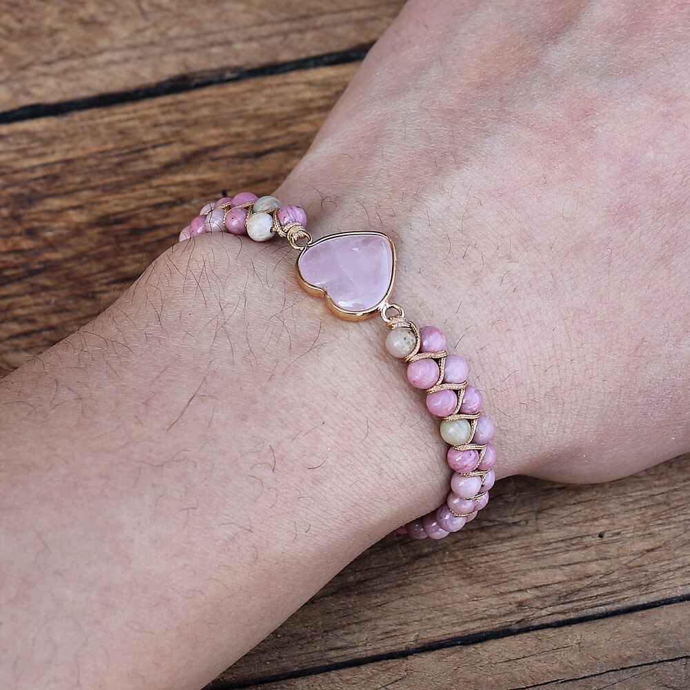 4Mm Rhodonite Roze Crystal Heart Charm Armbanden Vrouwen Bohemen Yoga String Gevlochten Lover Wrap Armband Handgemaakte Sieraden