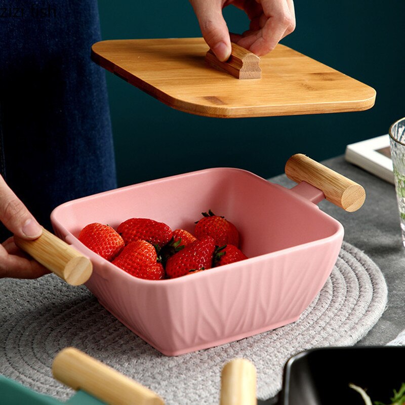 10 Inch Kitchen with Lid Kitchen Salad Fruit Bowl Large Capacity Ceramic Bowl Storage Tray Large with Lid Deep Plate