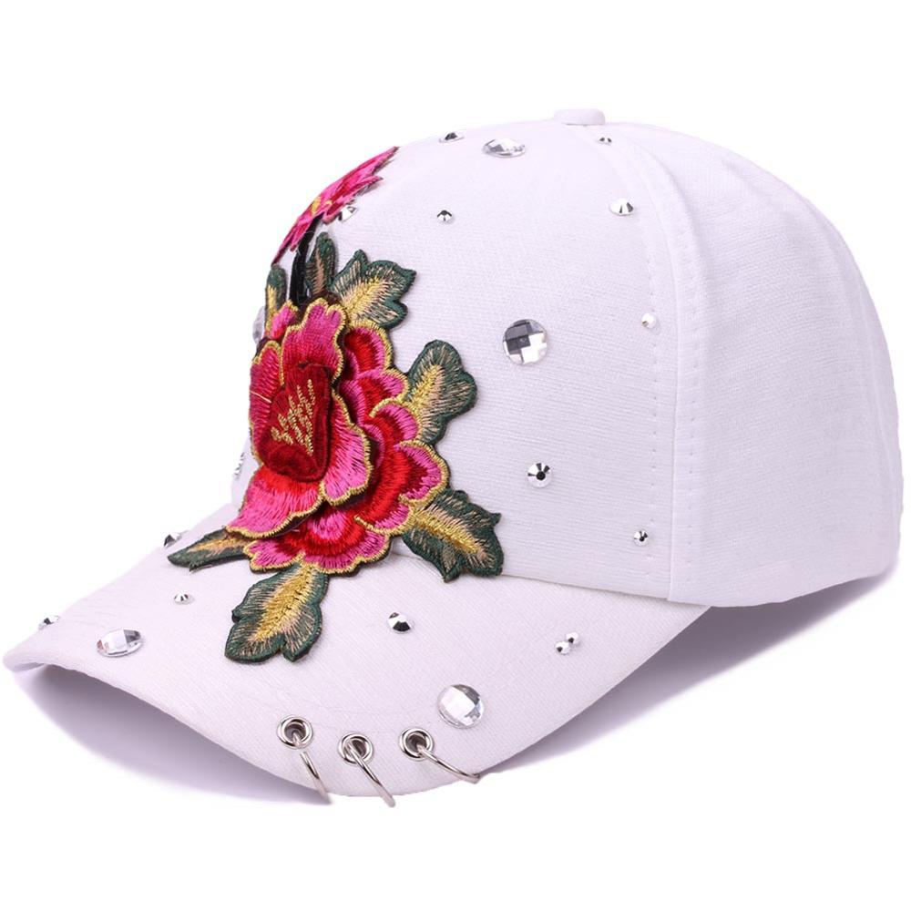 ¡Novedad de ! gorra de béisbol informal para adultos con bordado de flores, gorra de verano para mujer de Hip Hop, gorra con remaches y diamantes de imitación con anillo: white