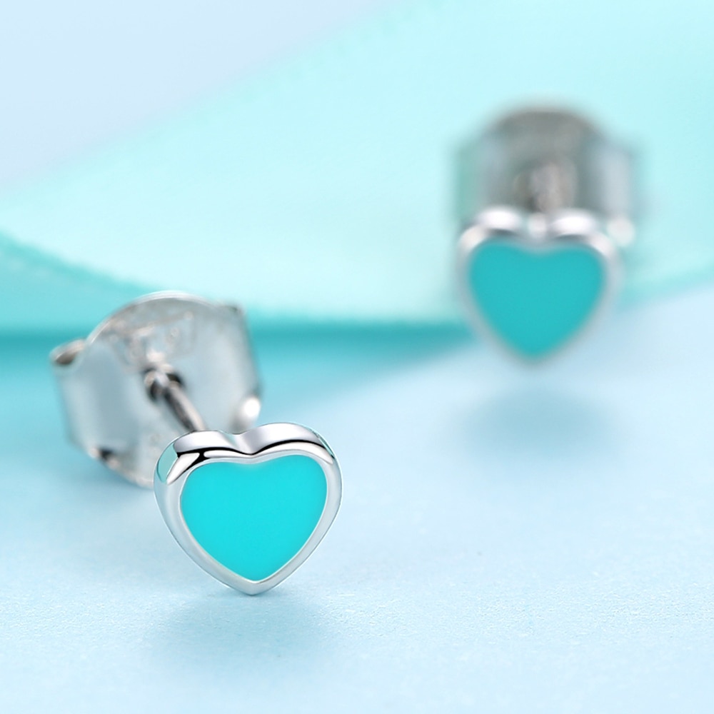 BELAWANG 925 Sterling Silver Blue Enamel Heart Push-back Stud Earrings for Women Girls Sterling-Silver-Jewelry Children Earrings