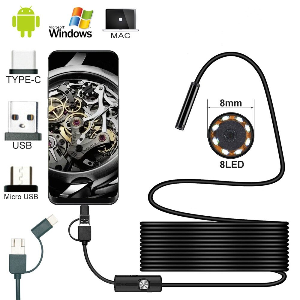 8.0mm Endoscoop Camera 960P USB Endoscoop met 8 LED 1/2/5M Kabel Waterdicht Inspectie borescope voor Android PC
