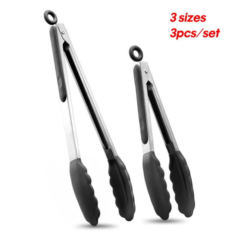 Juego de 3 pinzas de acero inoxidable para cocina utensilios de cocina con puntas de silicona, sin BPA, para ensalada, pan, pinzas para comida, herramientas para barbacoa