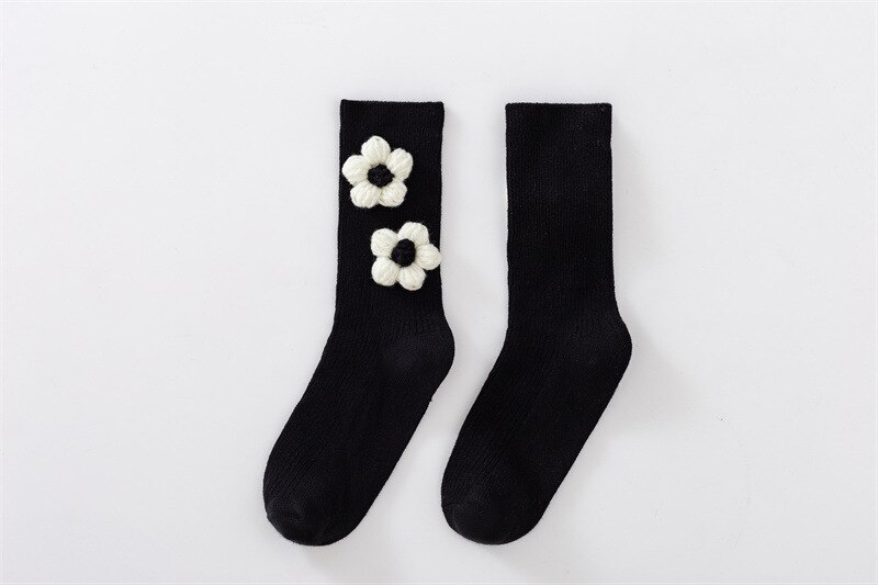 Sweet Baby Child Girls calze a tubo centrale nere con fiore 3D Floret calzini per bambini accessori moda 1-3-4-6-7-10 anni primavera: 1 / 7-10Years