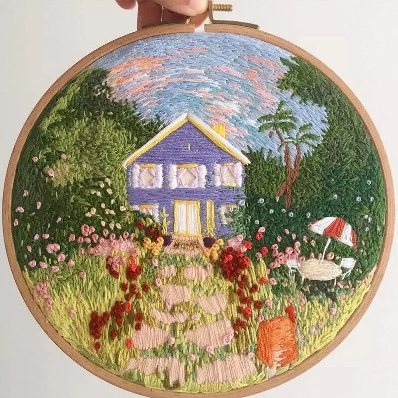 15cm DIY Ribbon Embroidery Set for Beginner Needlework Kits Europe Town Scenery Cross Stitch Series Needle Arts Crafts Sewing