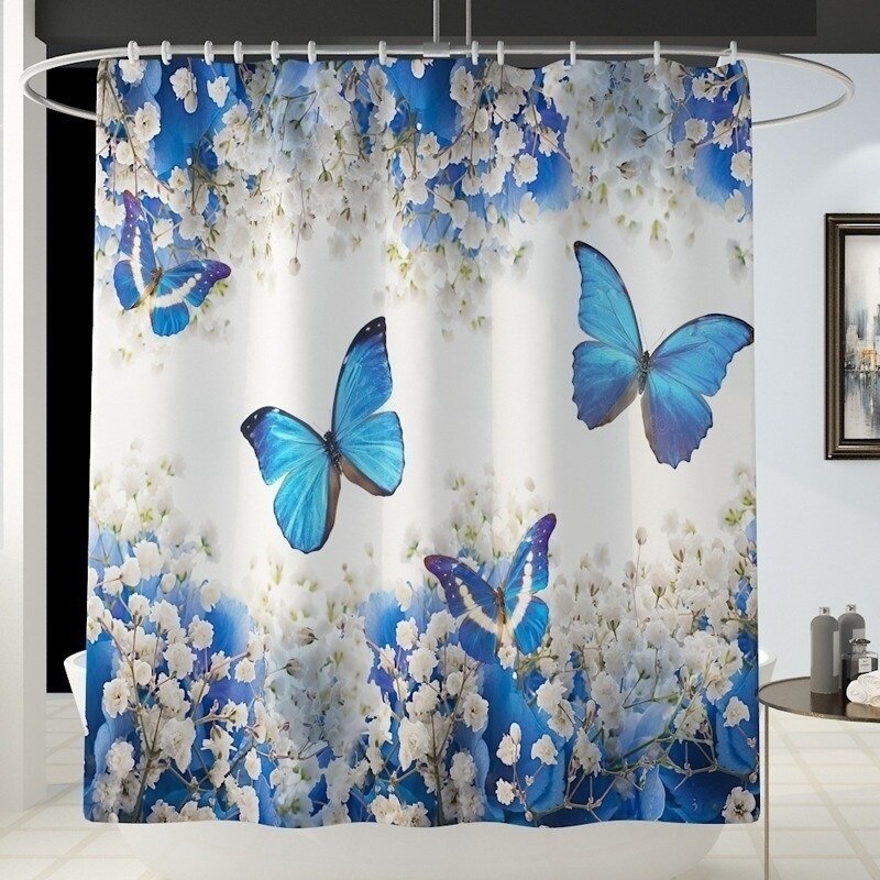 Golden Blue Butterfly Flower Polyester Waterproof Shower Curtain Bathroom Curtains Set Non-Slip Rug Toilet Lid Cover Floor Mats: Shower Curtain - B