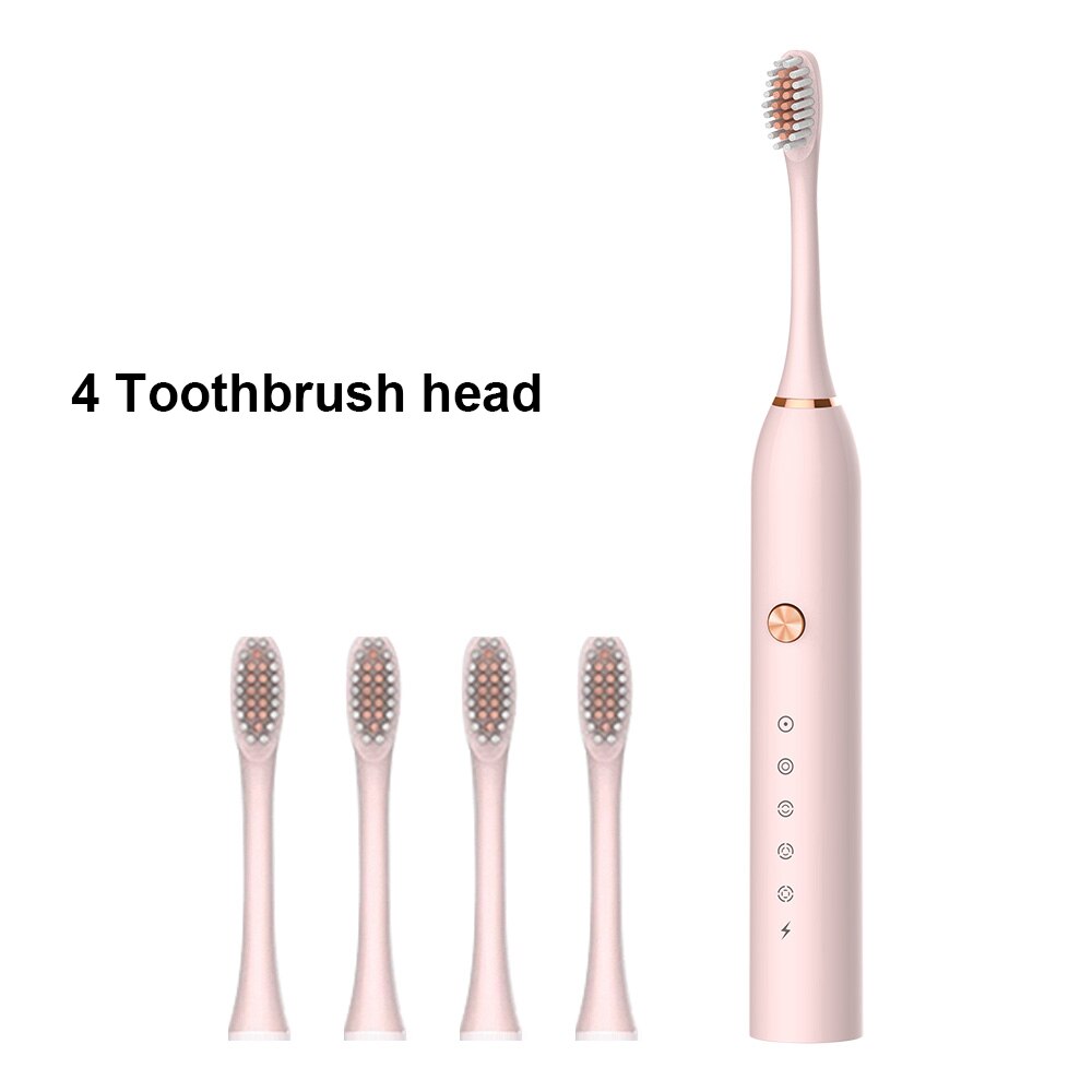 Powerful Ultrasonic Sonic Electric Toothbrush USB Rechargeable Toothbrush Adult Electronic Washable Whitening relax Teeth Brush: Pink 4 Heads