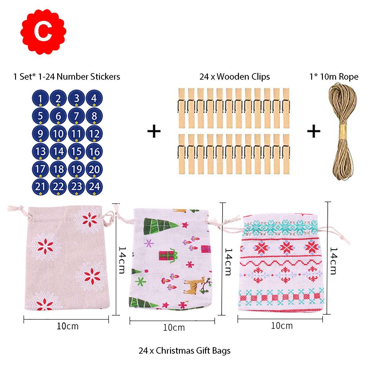 Katoenen canvas kleine kersttassen veel kerstpatroon tassen kinderfeest snoep trekkoordzakje feestbenodigdheden adventskalenders: C