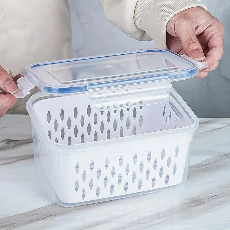 Caja de almacenamiento para refrigerador, cajas selladas de plástico para mantenimiento fresco de frutas y verduras, escurridor, contenedor de almacenamiento de alimentos para cocina y nevera
