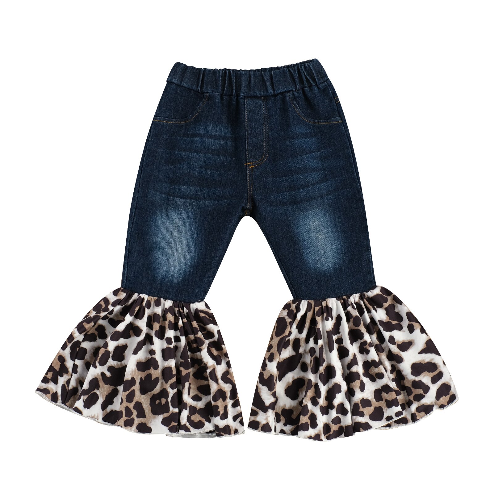 Emmababy Autumn 2-7Y Kids Toddler Baby Girls Leopard Print Flared Jeans Pockets Pants Denim Boot Cut Long Trousers