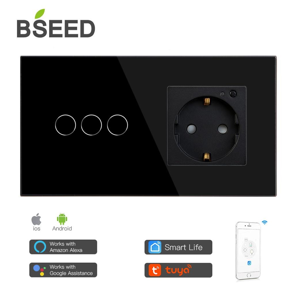 BSEED 3 Gang Smart Touch Light Switch With EU Wall Socket White Black Gold Wall Sensor Switch Crystal Glass Panel Work With Tuya