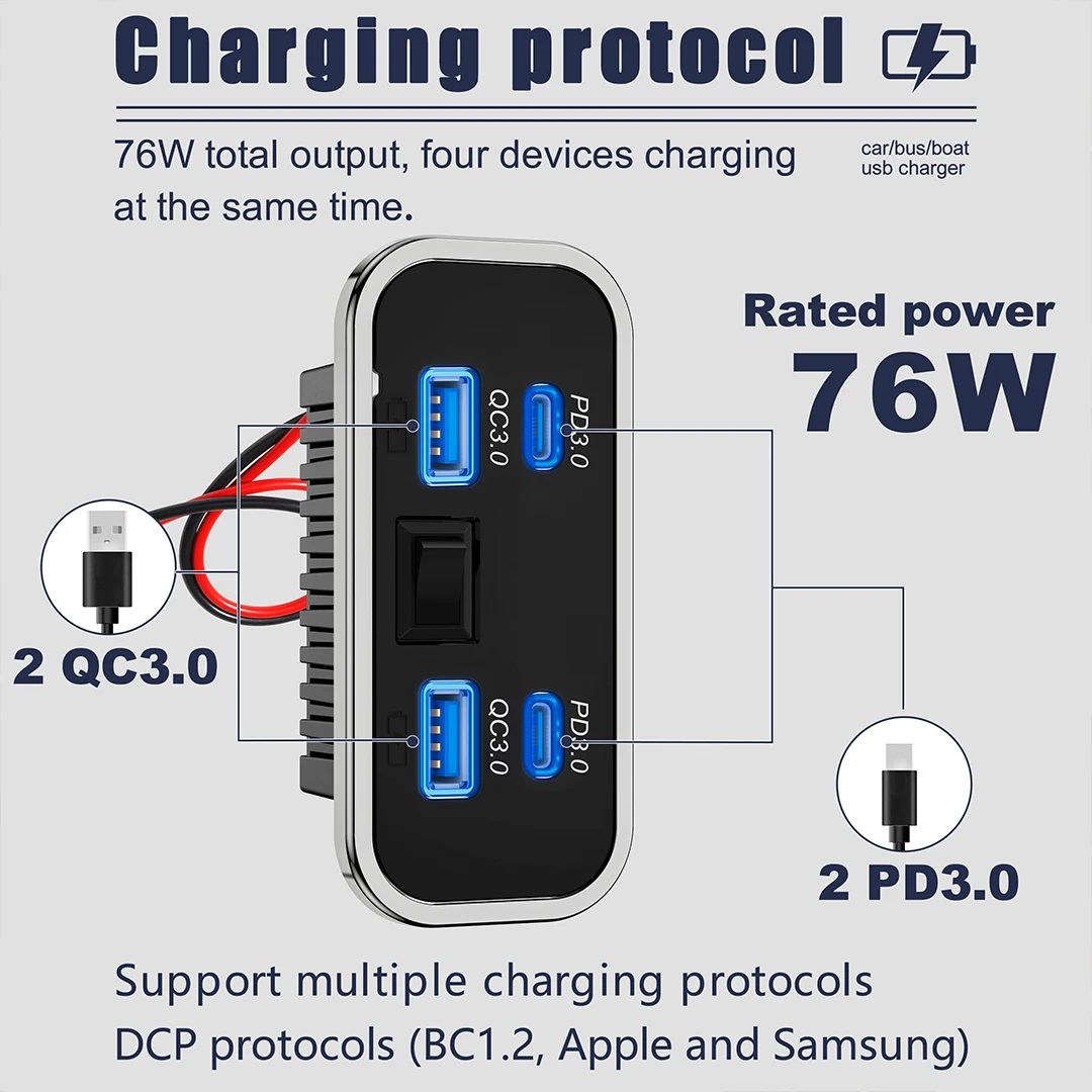 4 bærer, 12v usb-uttak til bobil  pd3.0 76w doble hurtigladere av type c og  qc3.0 panelmonterte veggladeradaptere til marin buss, atv og lastebil
