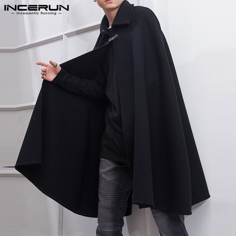 INCERUN Winter Men Cloak Coats Lapel Solid Cape Trench Streetwear Chic Faux Blends Overcoats Mens Jackets S-5XL