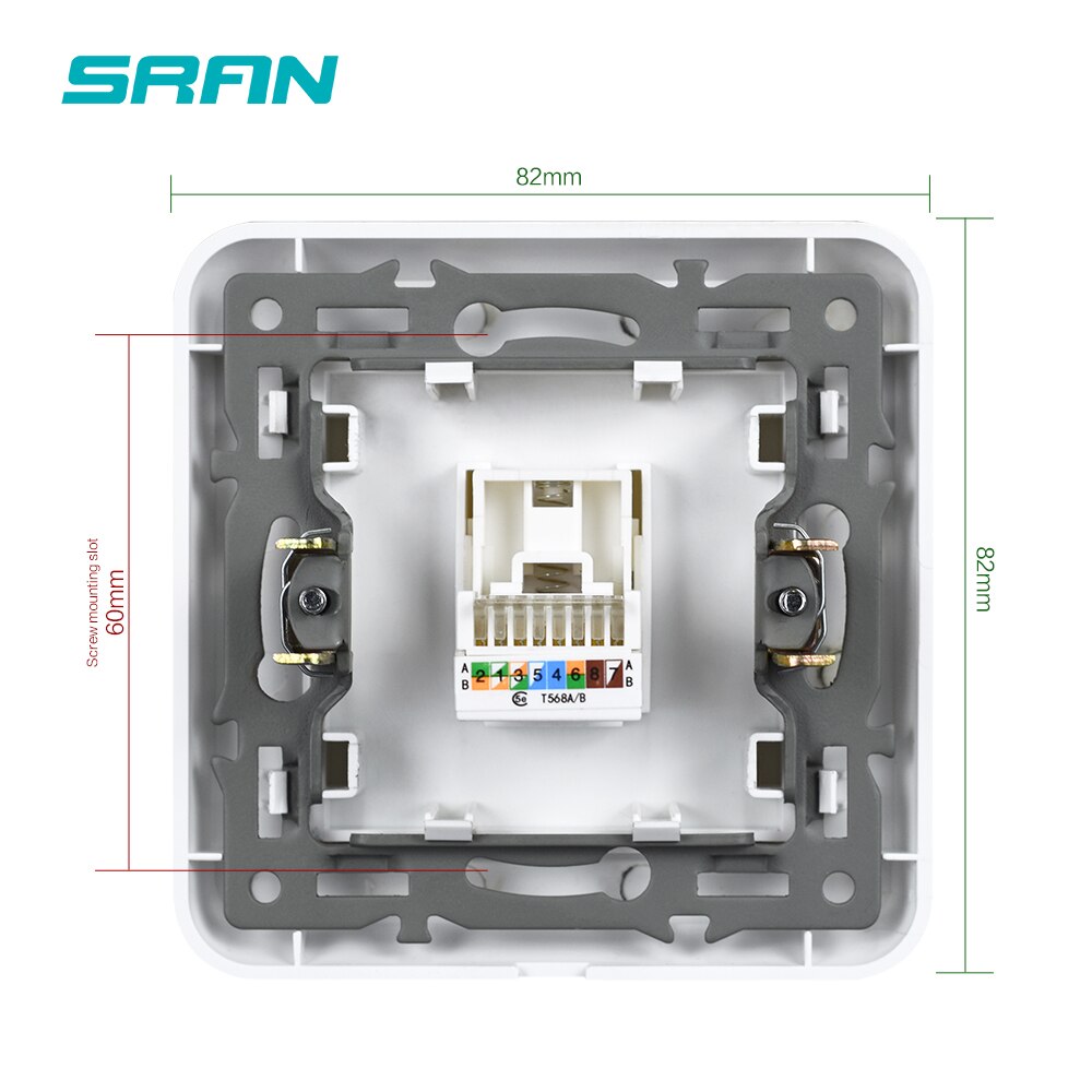 SRAN RJ45 socket,white flame retardant PC panel 82mm*82mm household internet interface socket