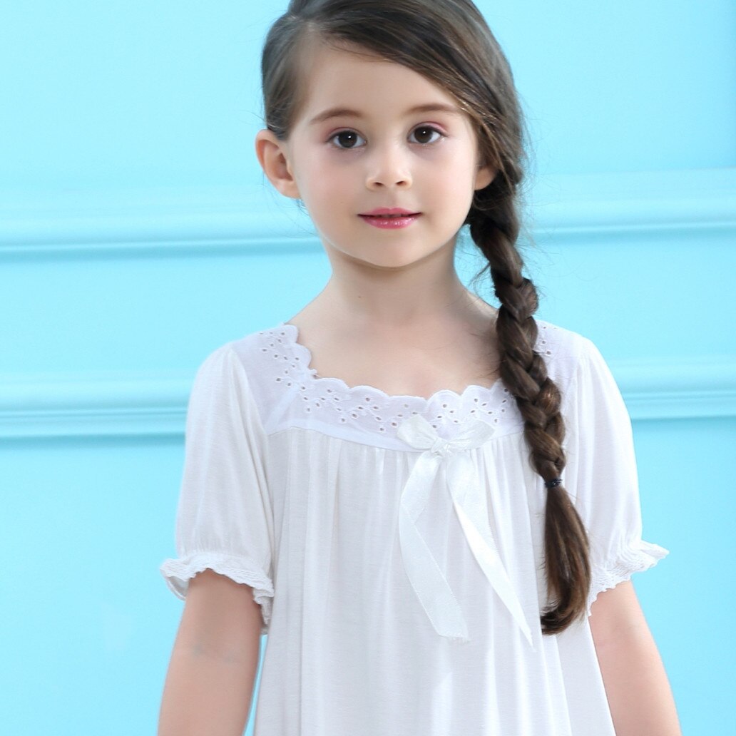 Girls White Pajama Kids Lace Princess Nightgown Dress Summer Girl Soft Cotton Sleepwear Sleeve Teen Pyjamas Children Homewear: White / 150cm11-12Y