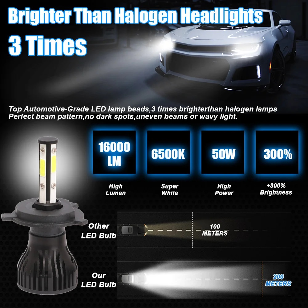 2 STKS LED-koplampen 4 zijden voor H11 H4 H7 9005 9006 2 zijden voor H3 H1 880 6500 K witte autokoplamp 12 V vier lichtgevende gezichten