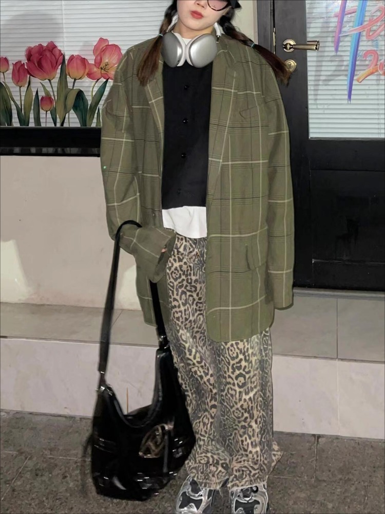 Kvinna vintage överdimensionerade vida jeans flickor hög midja punkkläder byxor dam leopardmönster harajuku baggy byxor