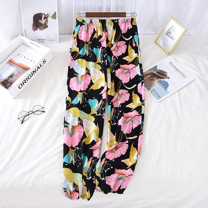 Forår og sommer kvinder blomstret soveunderdel komfort løs bomuld satin bukser elasticitet talje damer store homewear bukser