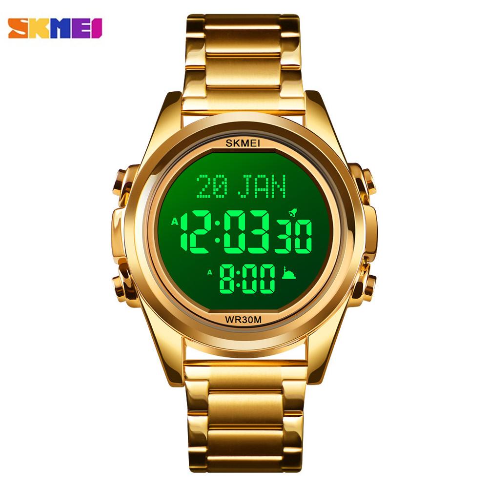Skmei Moslim Azan Klok Horloge Voor Gebed Met Qibla Kompas Adhan Alarm Hijri Kalender Islamitische Al Harameen Fajr Tijd Horloge: gold black