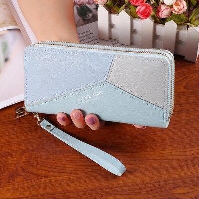 Dubbele Rits Vrouwen Portemonnee Pu Leer Rood Blauw Roze Zwart Kaarthouder Lange Vrouwelijke Portemonnee Kleuraanpassing Mobiel Bag Lady 2022: Long blue