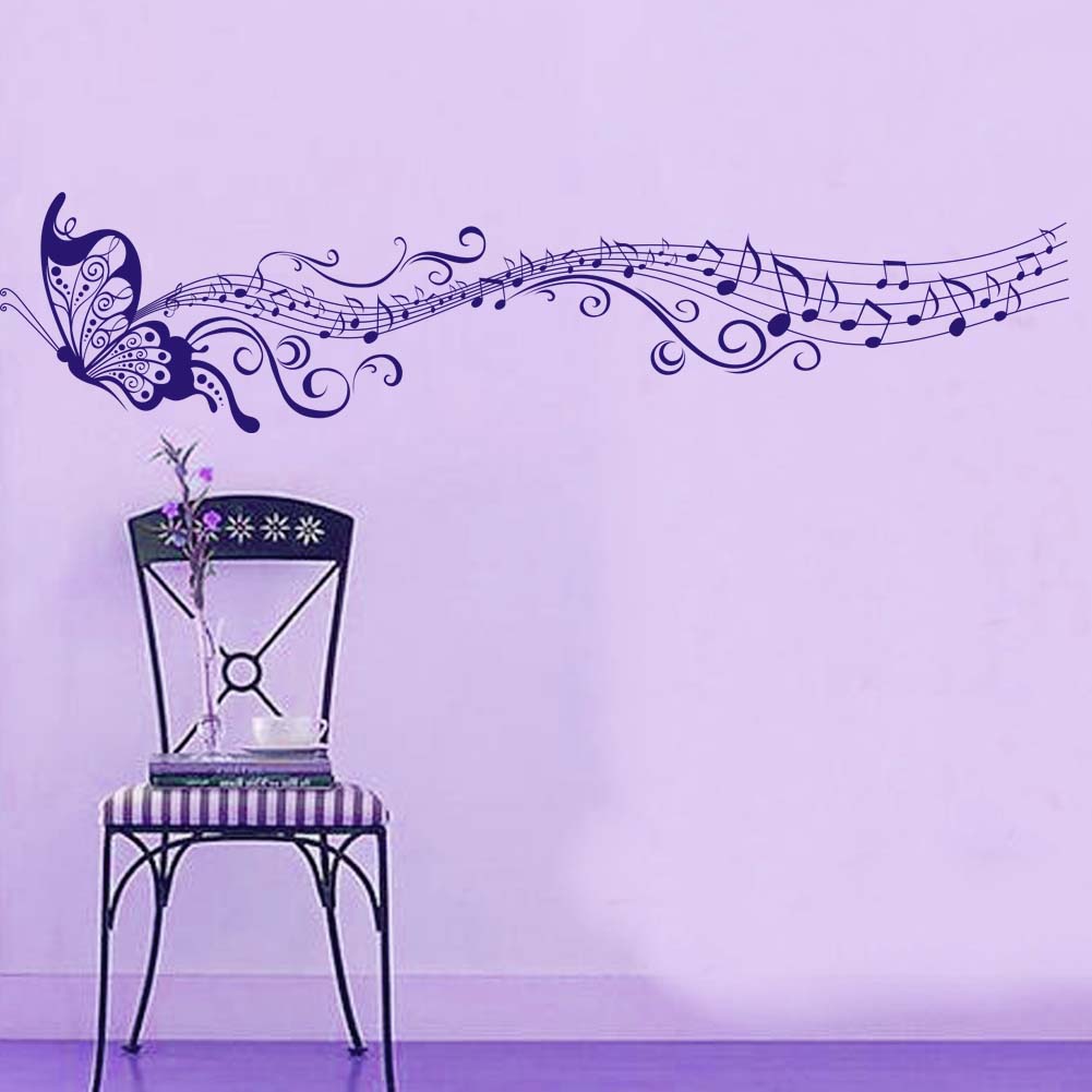 Black purple note butterfly wall stickers decorative living room art mural DIY decoration children room music wallpaper sticker