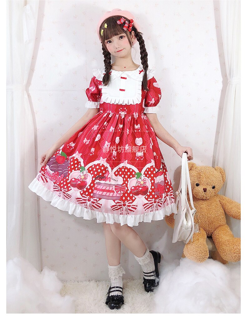 2 couleurs japonais lolita Swee fille lolita robe Kawaii fraise lolita robe été dessin animé cerise princesse robe thé fête: red