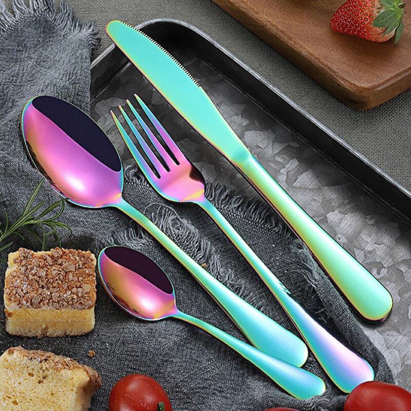 24Pcs Roestvrij Stalen Bestek Set Rose Gold Rainbow Zwart Bestek Set Keuken Mes Vork Lepel Servies Set Servies Set