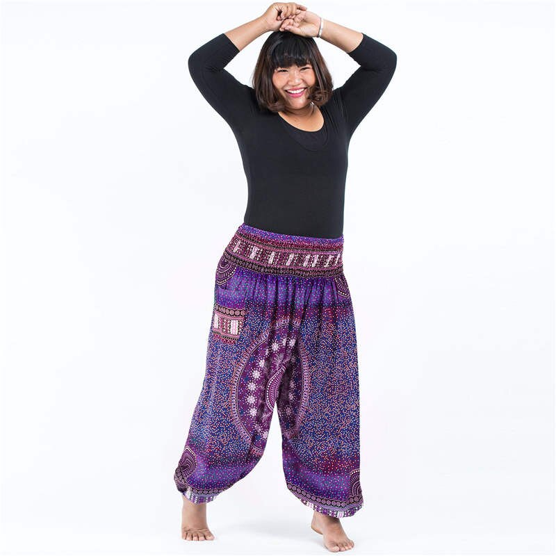 Men Thai Harem Pants Casual Trousers Loose Elastic Waist Vintage Print High Waisted Beach Pants Unisex Women Drawstring