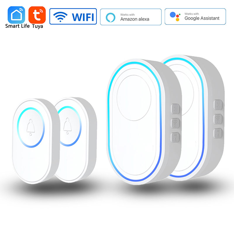 Wireless WiFi Doorbell Tuya Smart Home Security Alarm System Connect 433MHz Detector Alert Mode Welcome Doorbell LED Lights Kit: Beige