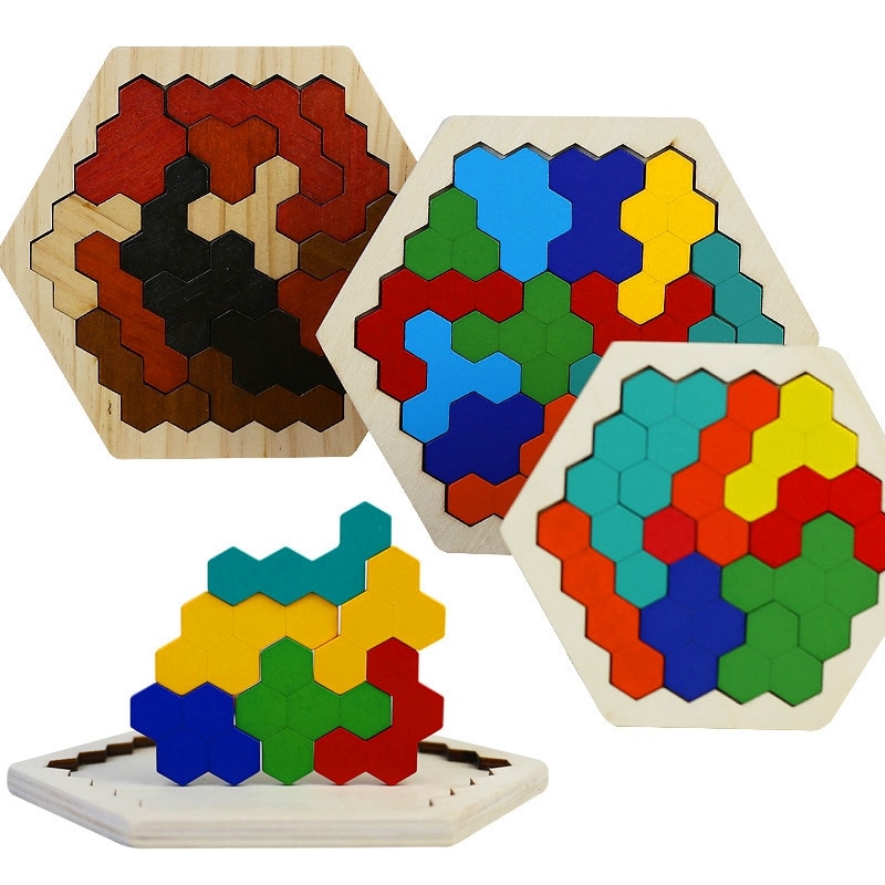 3D Puzzle Wooden Tangram Math Toys Puzzle Tetriss Game Montessori Children Educational Jigsaw Puzzle Game Toy for Boys Girl Baby