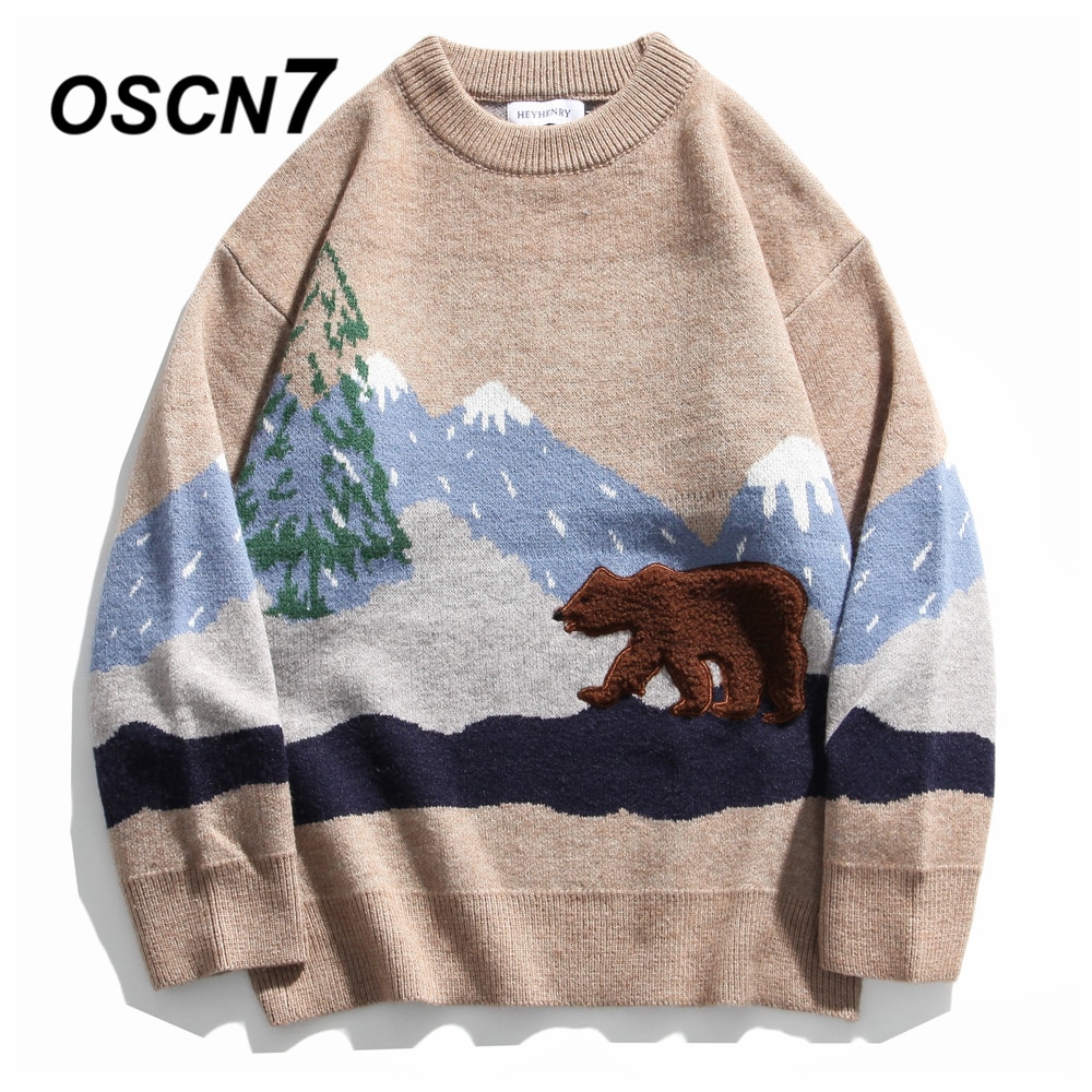 Oscn 7 grappige oversized truien heren winter high streetwear heren pullovers ronde hals vintage truien 0522