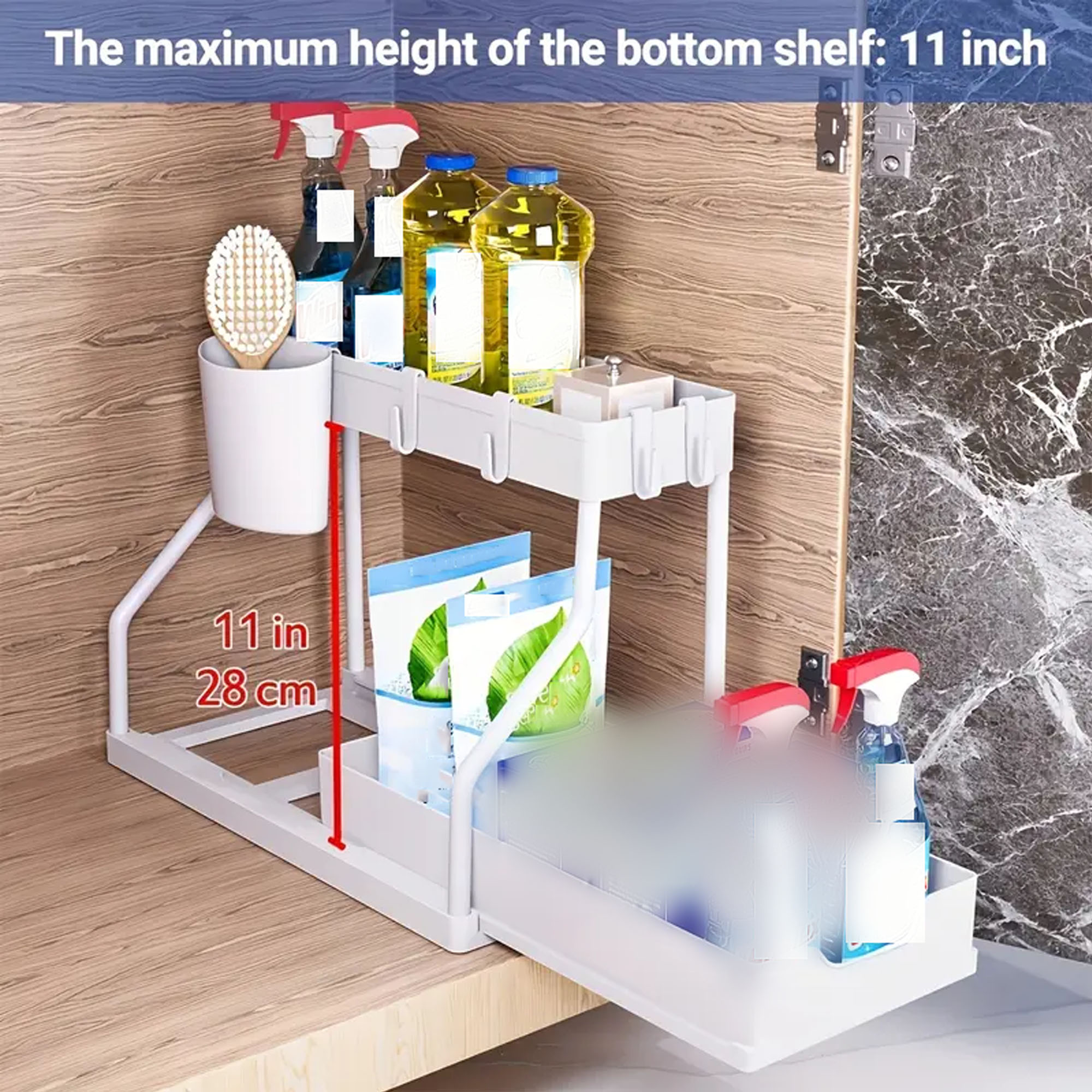 1-delig dubbellaags uittrekbaar opbergrek voor keuken, bureau en badkamer onder gootsteen, multifunctioneel R-vormig push-pull kastopbergrek, multifunctioneel desktop badkameropbergrek, lade-organisatie en opbergrek: WHITE