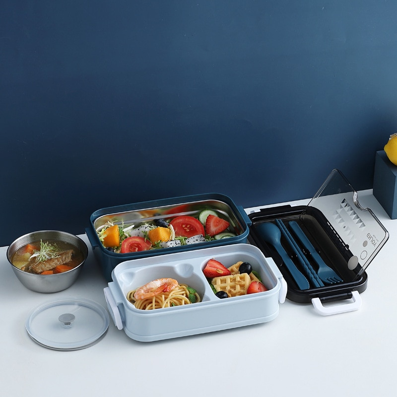 Madpakke bento boks til studiekontorarbejder dobbeltlags mikrobølgeovn opvarmning frokostbeholder madopbevaringsbeholder: Blå