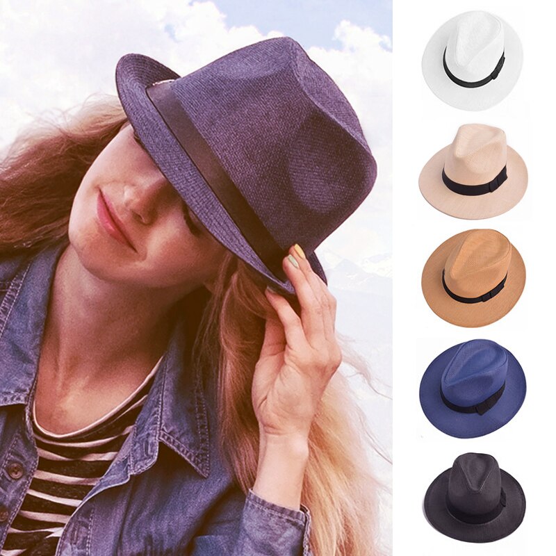 Women Men Straw Hat Summer Casual Beach Sun Panama Jazz Hat Unisex Fedora Cap With Black Ribbon