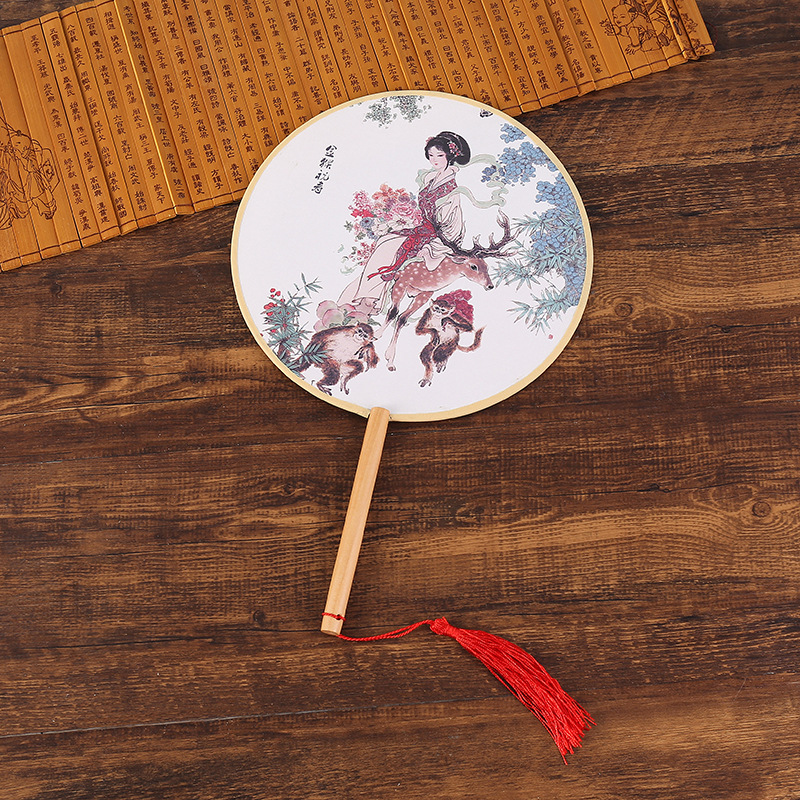 Vintage Round Fan Long Handle Tassel Dancing Hanfu Circular Fan Ancient Chinese Style Classical Printed Court Round Fan Wedding