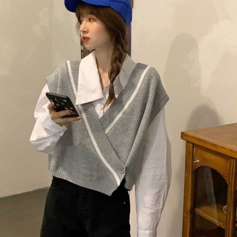 Tröja väst dam patchwork v-ringad enkelknapp snygg kontor dam koreanska ulzzang streetwear chic fritids ytterkläder