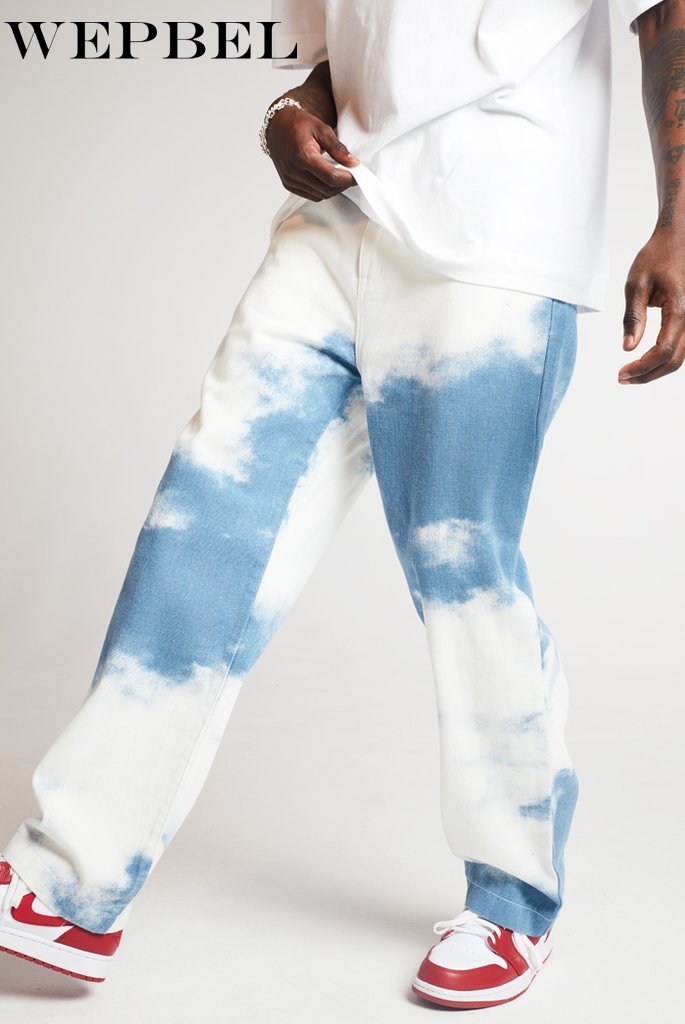 Wepbel tie dye print himmelblå lange bukser lige jeans mænd afslappet løse lige denim bukser