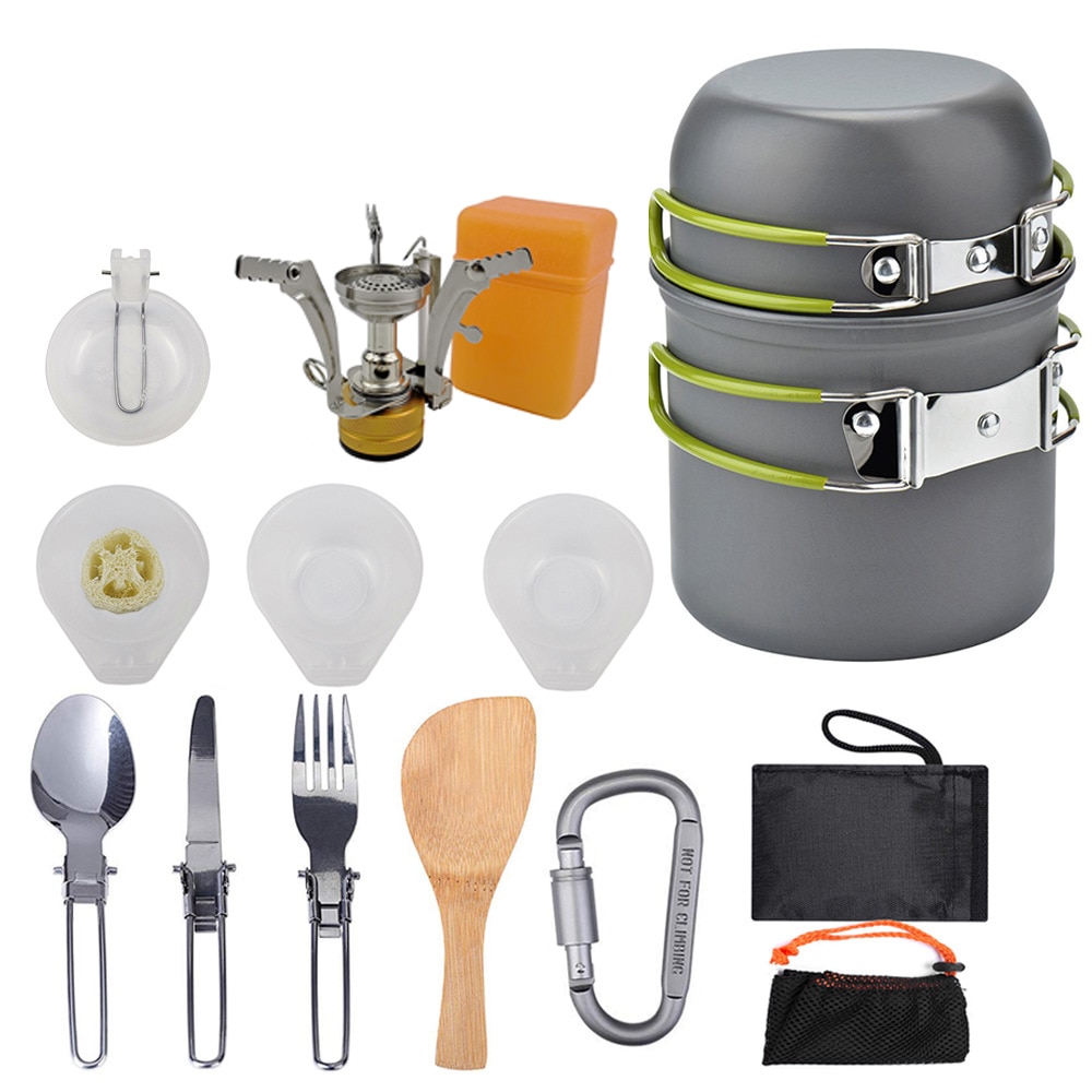 Aluminium Legierung draussen Camping Reise Kochgeschirr Camping Topf Wandern Picknick Tourist Geschirr einstellen Mit Klapp Löffel Mini Gas Herde