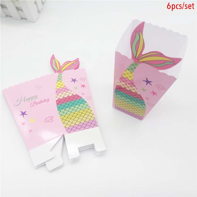 6pcs Mermaid Tail Popcorn Boxes Paper Candy Box Mermaid Birthday Party Decorations Kids Favors Baby Shower Party Supplies: Pink