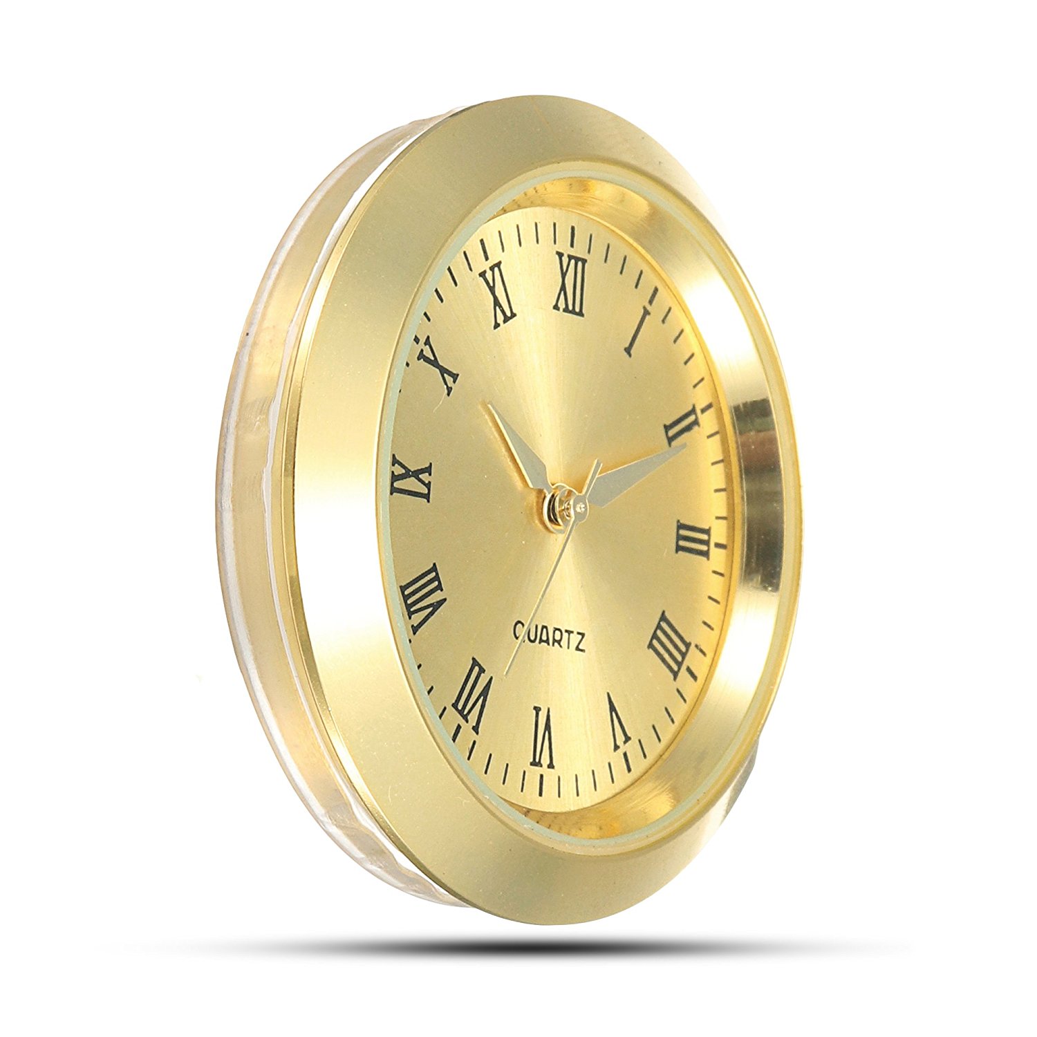 Mini Clock Insert Quartz Movement Round 1 7/16" (35mm) Miniature Clock Fit Up Gold Tone Dial and Bezel Roman Numerals