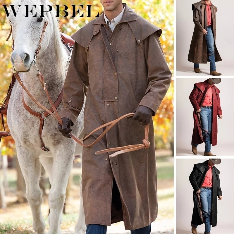 Wepbel cowboy læder duster coat vintage stil vinter frakke fuldærmet retro inverness greatcoat steampunk ridejakke