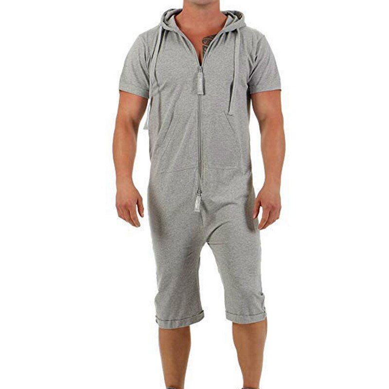 hommes combinaison une-pièce vêtement pyjama homme combishort été fermeture éclair manches courtes onesie mâle combinaison Streetwear salopette: Light Gray / L