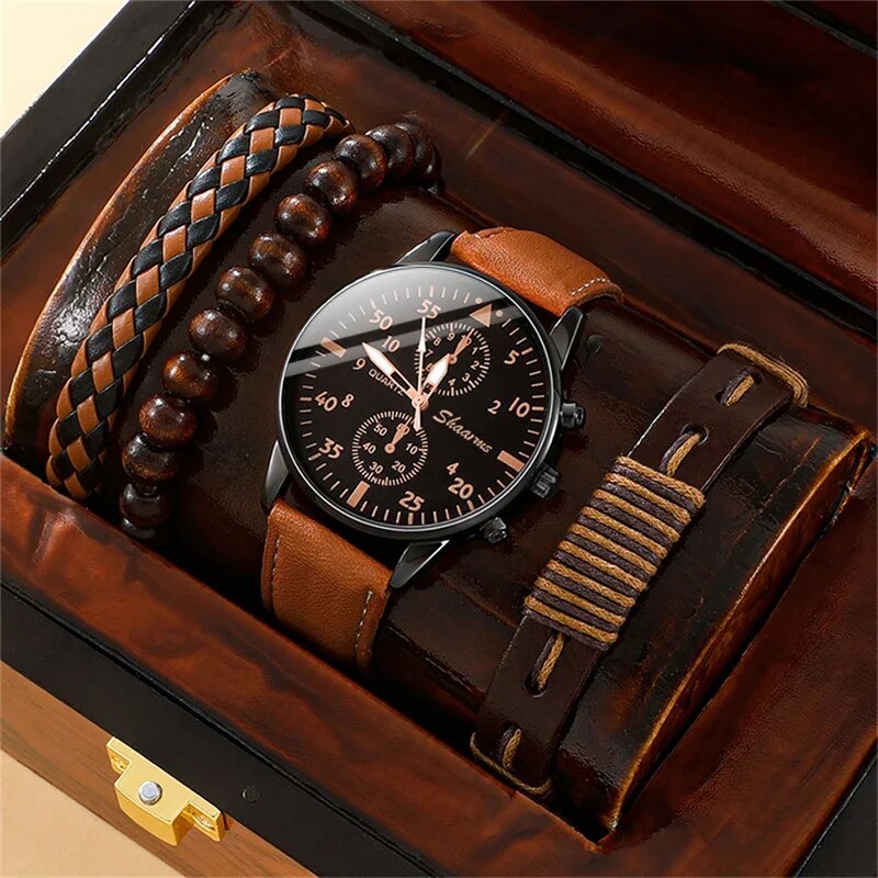 5 Stück einstellen Herren Sport uhren Mann Geschäft Quarz Armbanduhr Luxus Leder Armbinde Männer lässig Uhr Uhr: Braun