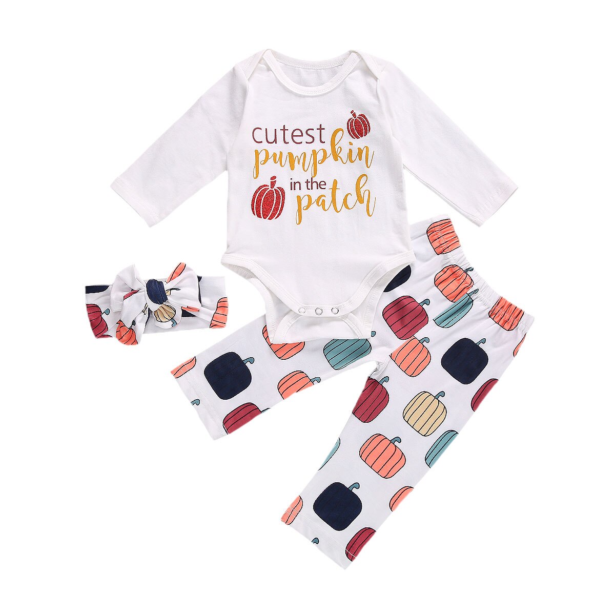 Halloween baby jenter takrenne klær sett gresskar skrive ut lange armer jumpsuits topper bukser pannebånd