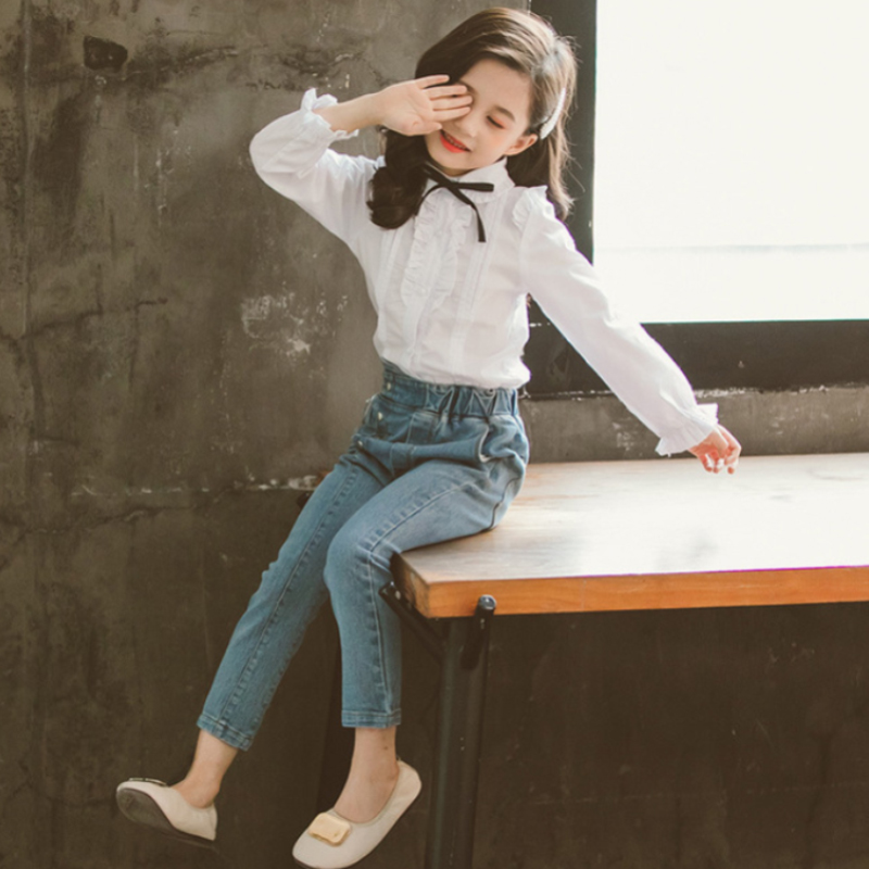 Blusa blanca para niña adolescente, camisa de manga larga con volantes, uniforme escolar, camisas para niña de 4 a 15 años, primavera 2022