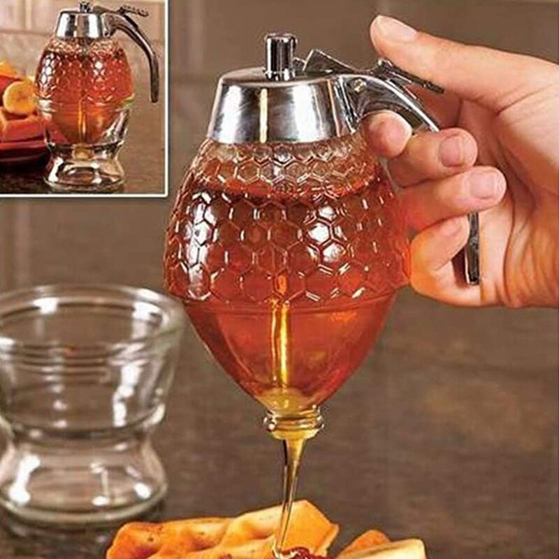 Yo-Honing Dispenser, Siroop Dispenser, Mooie Honingraat Honing Jar, honing Pot Met Stand (2Pack)